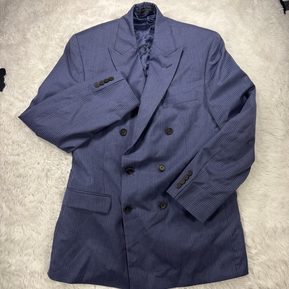 Vintage Preppy Double Breasted Pinstripe Wool Blazer Peak Lapel Suit Jacket